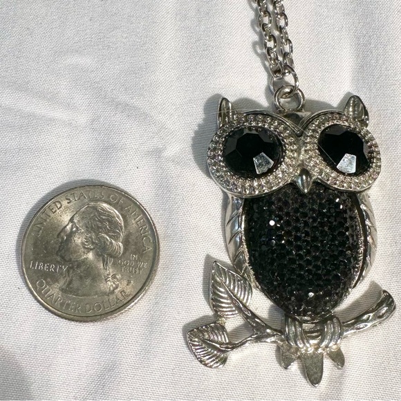 Vintage Owl Silver and Black Rhinestone Necklace - Picture 4 of 7